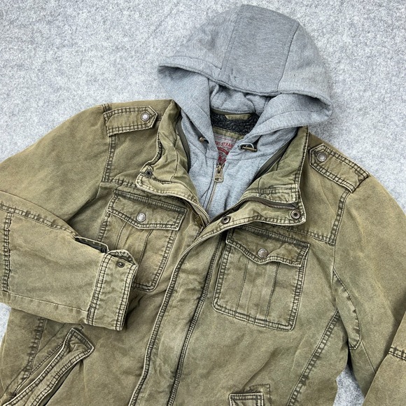 Levi's Jacket Mens Medium Olive Green Hooded Utility Trucker Sherpa Lined Coat - Picture 1 of 14